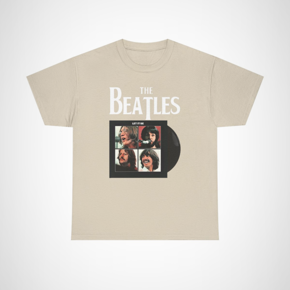 Vintage Beatles Let It Be album cover t-shirt showcasing iconic imagery from the famous band Sand colour