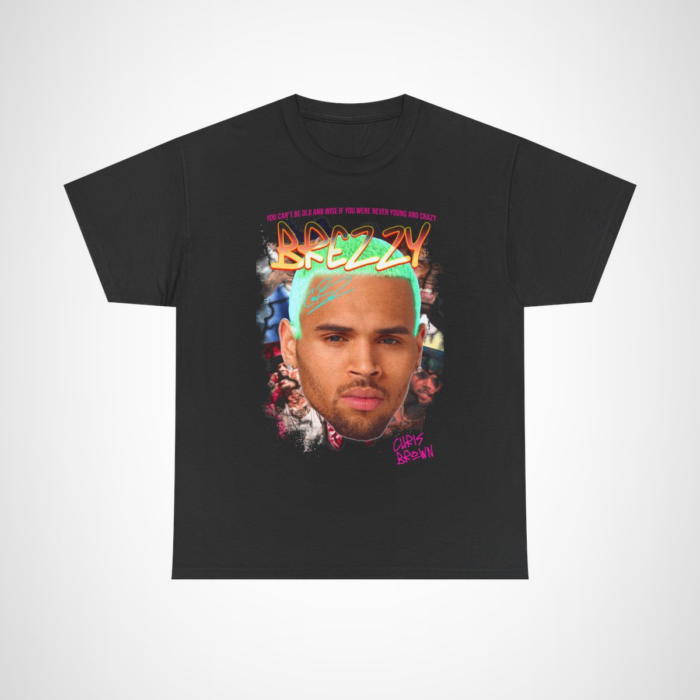 Brezy Chris Brown graphic tee showcasing vibrant portrait and motivational text Black colour