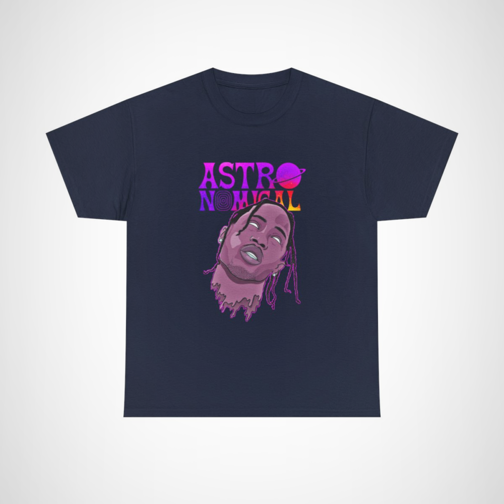 Astronomical Cosmic Vibes T-Shirt showcasing vibrant retro space art Navy colour
