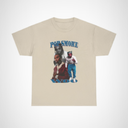 Pop Smoke Woo Tribute Tee showcasing bold graphics and urban style Sand colour