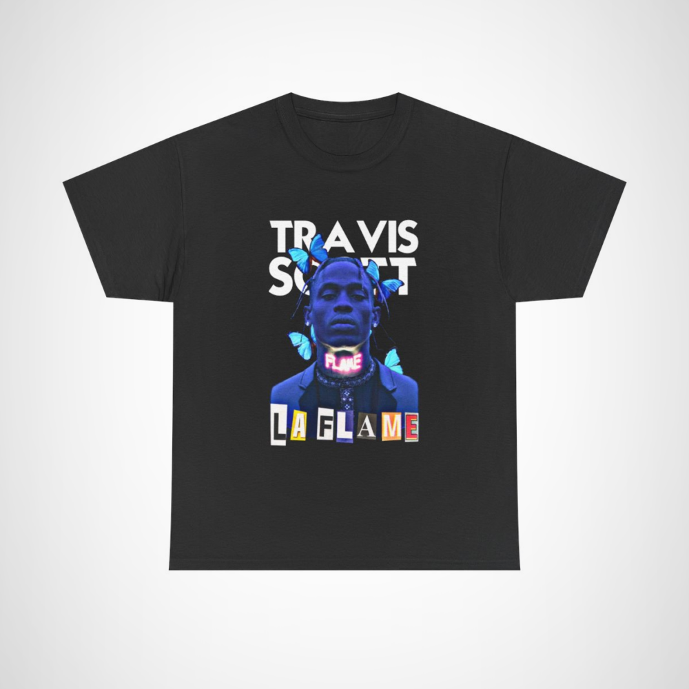 Travis Scott La Flame Neon T-Shirt with vibrant butterflies and neon text Black colour