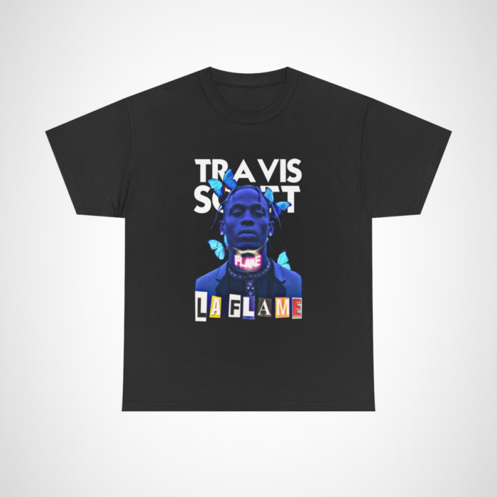 Travis Scott La Flame Neon T-Shirt with vibrant butterflies and neon text Black colour