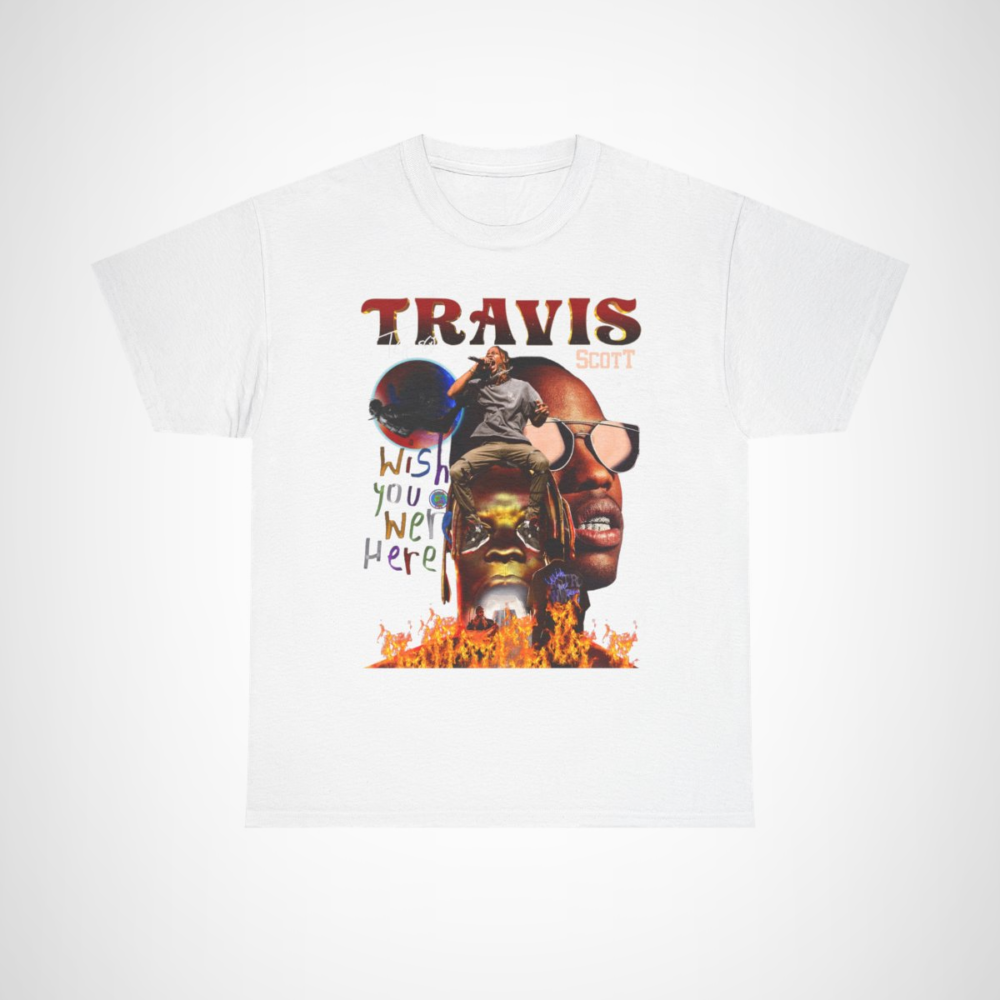 Travis Scott 'Wish You Were Here' graphic tee displayed on a model White colour
