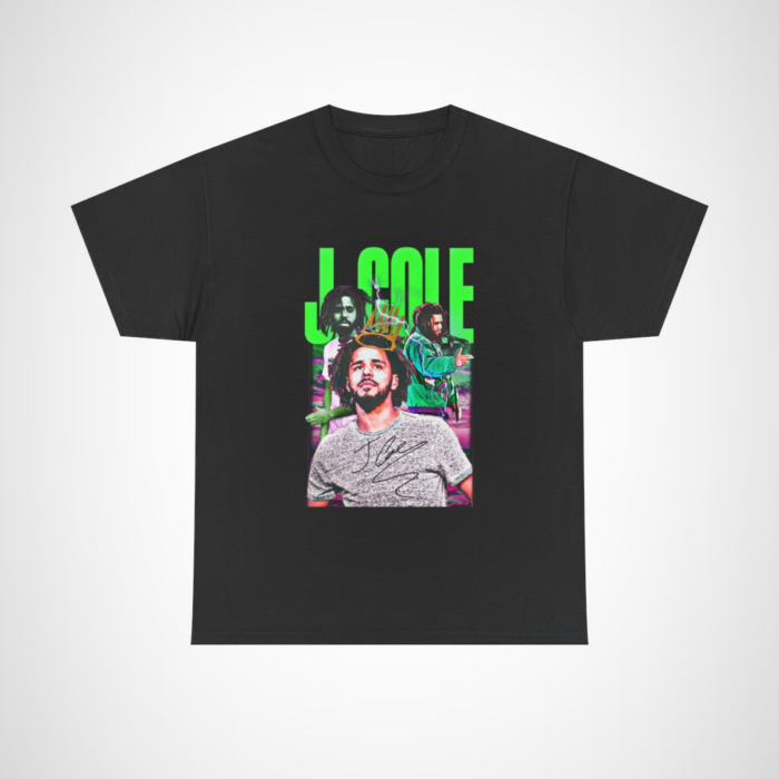 J. Cole Crowned Legend T-Shirt design showcasing vibrant colours and dynamic imagery of the artist Black colour