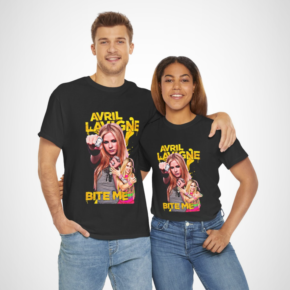 Avril Lavigne 'Bite Me' graphic t-shirt showcasing vibrant design and pop-punk style