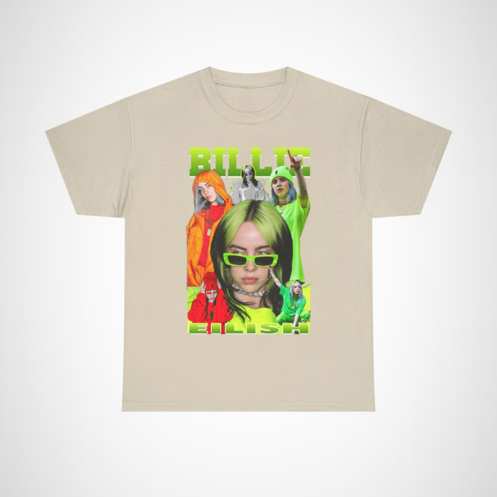 Billie Eilish Neon Style Graphic Tee featuring vibrant artwork and comfortable fabric Sand colour