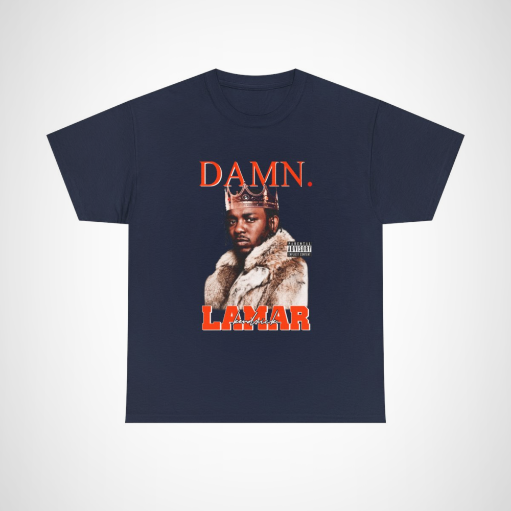 Kendrick Lamar DAMN. Crowned King T-Shirt displayed on a model Navy colour