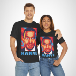 Vibrant pop art t-shirt featuring a portrait of Kanye West for music fans