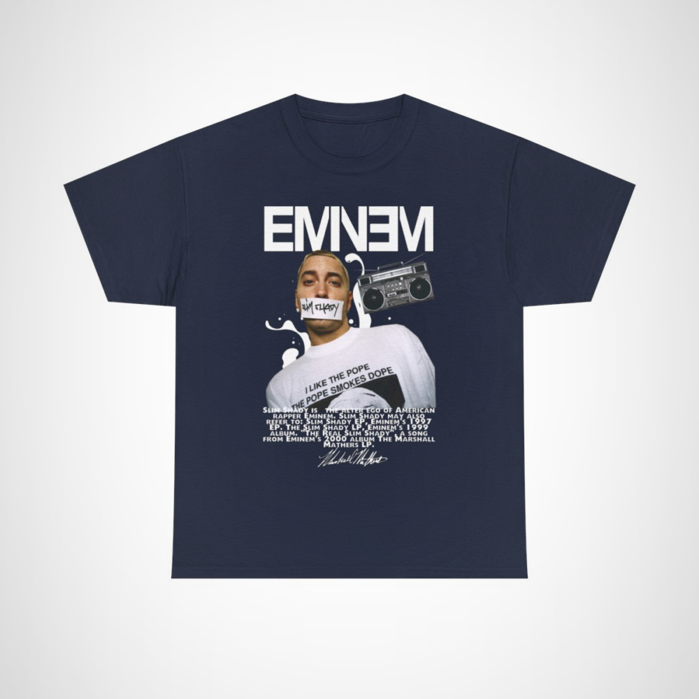 Eminem Slim Shady 'I Like the Pope' T-shirt displayed on a model Navy colour