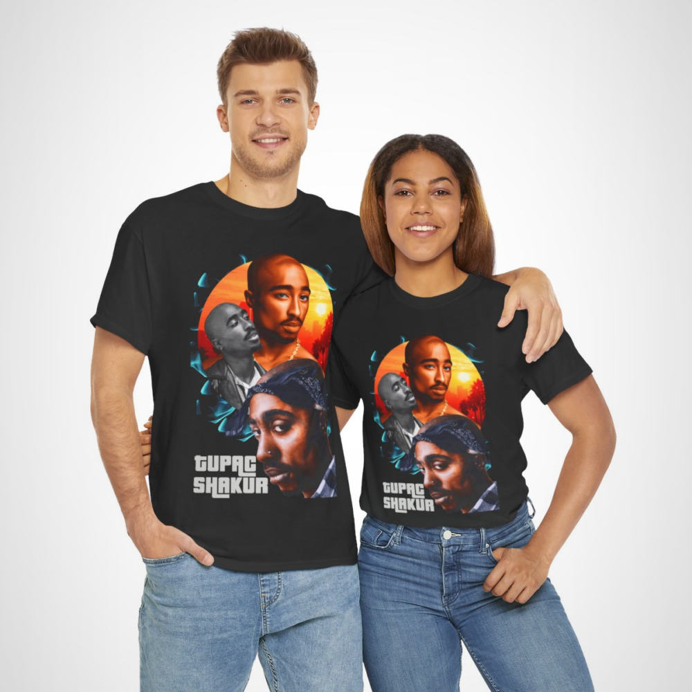 Tupac Shakur graphic tee showcasing vibrant design and artistic tribute to the hip-hop legend