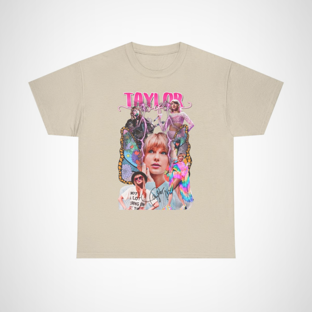 Taylor Swift Inspired Art Tee with colorful butterfly design Sand colour