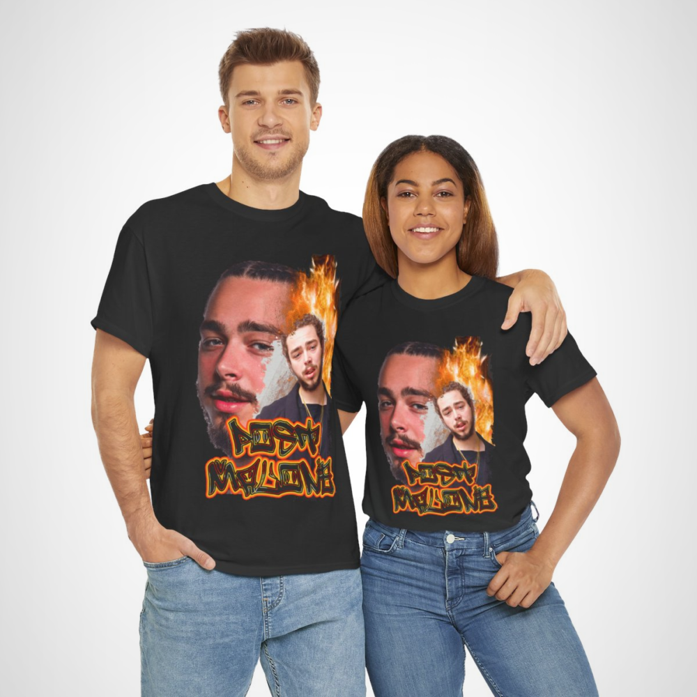 Post Malone graphic tee for music lovers, showcasing bold design and vibrant colours