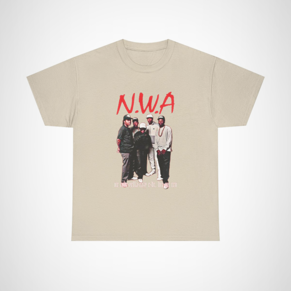 N.W.A. tribute t-shirt showcasing iconic members in bold graphics Sand colour