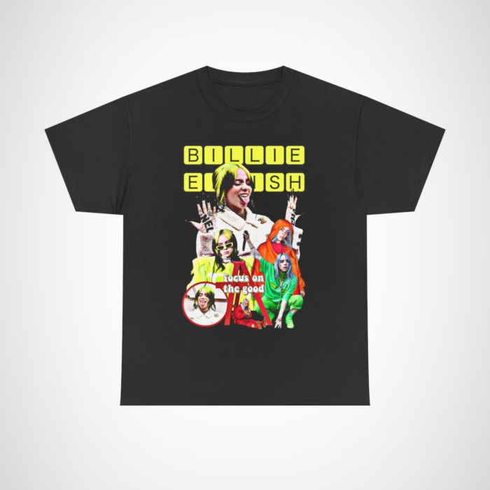 Billie Eilish Focus On The Good t-shirt featuring vibrant design Black colour