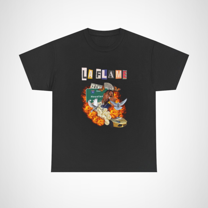 LA FLAME Houston urban art t-shirt showcasing bold design and vibrant symbols Black colour