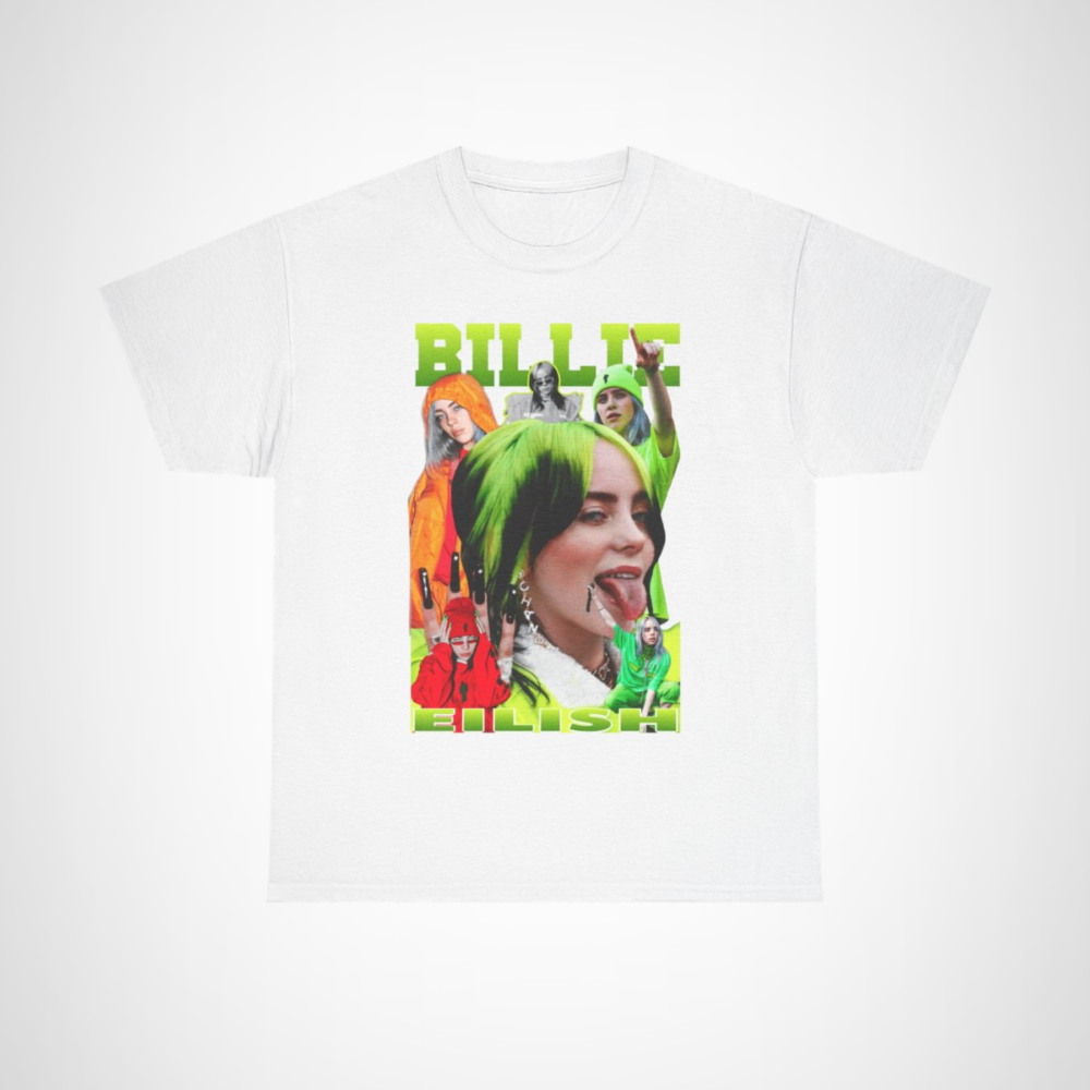 Billie Eilish graphic tee featuring vibrant designs and bold colours White colour