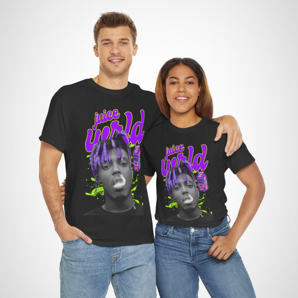 Juice WRLD 999 Graphic Tee showcasing a vibrant design with a playful milk carton