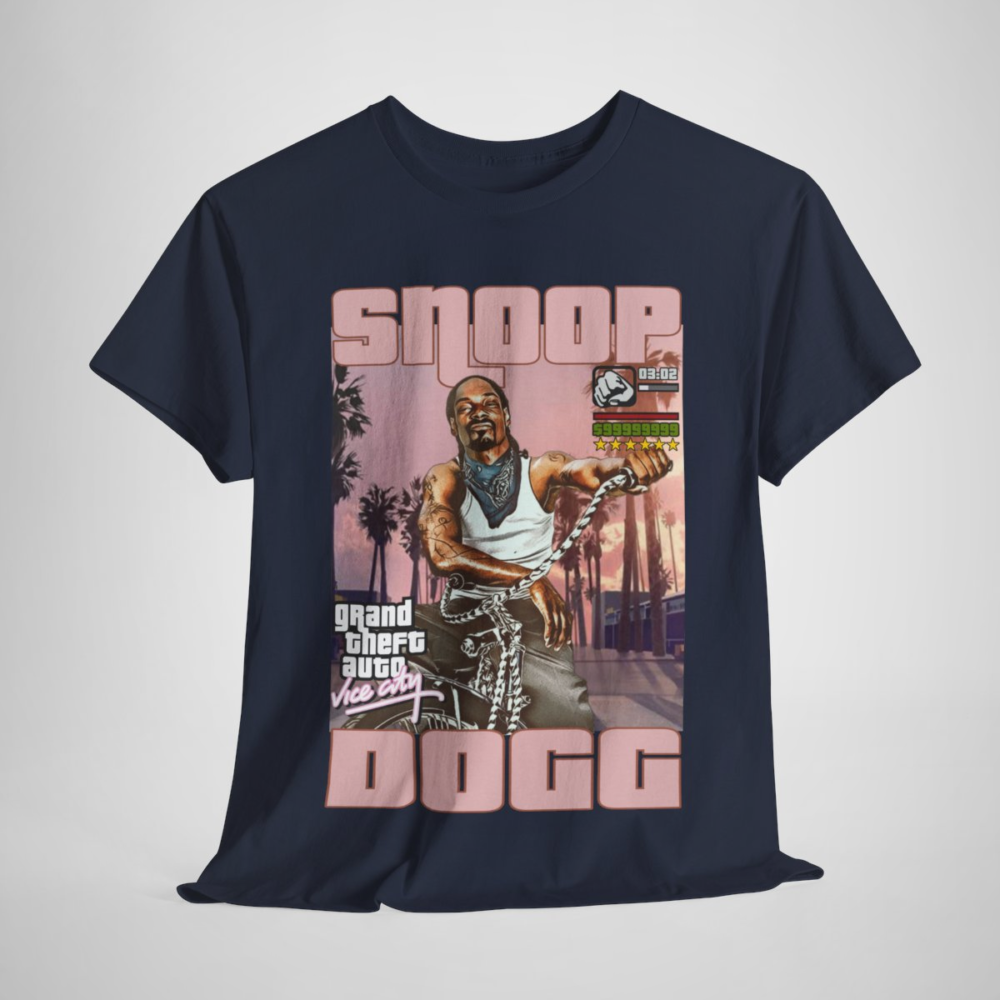 Snoop Dogg Retro GTA Vice City T-Shirt featuring Snoop biking through a vibrant cityscape