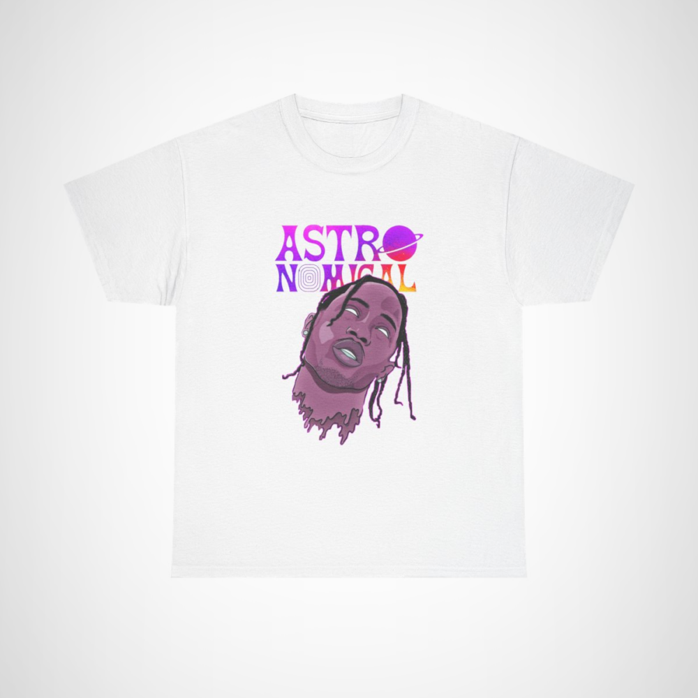 Astronomical Cosmic Vibes T-Shirt showcasing vibrant retro space art White colour