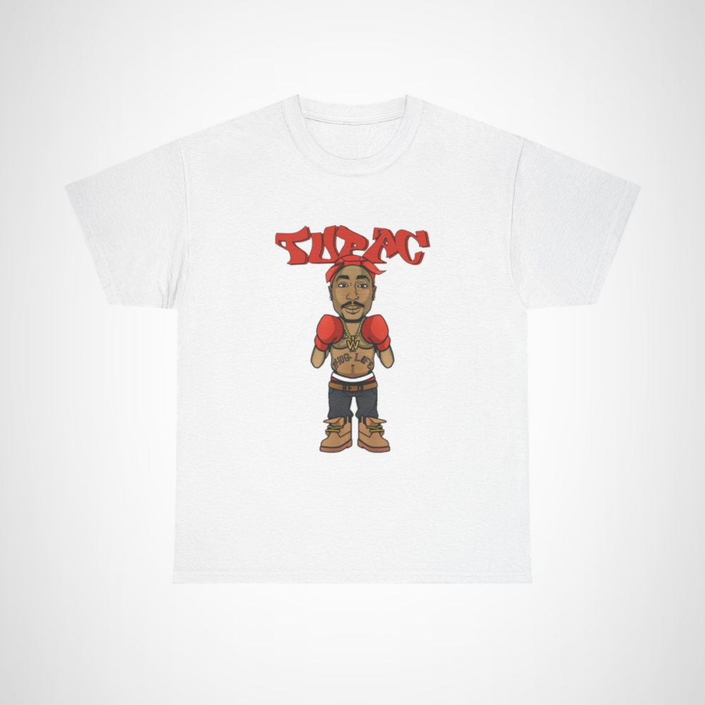 Tupac Cartoon Boxer Tee featuring playful illustration of rapper in boxing gloves White colour