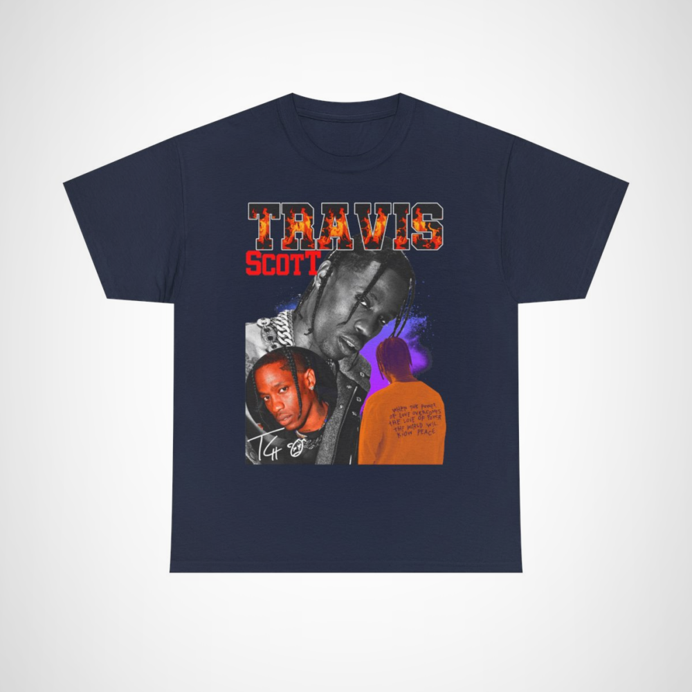 Travis Scott Fire Graphic Tee showcasing vibrant visuals and inspirational text Navy colour