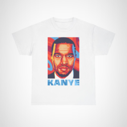 Vibrant pop art t-shirt featuring a portrait of Kanye West for music fans White colour