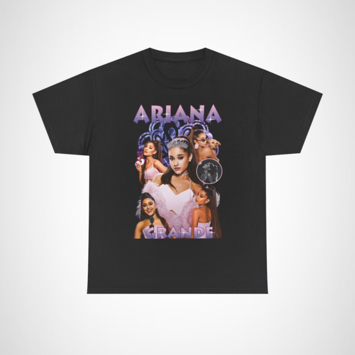 Ariana Grande Glam Tee featuring a vibrant collage of the pop star in dazzling outfits Black colour