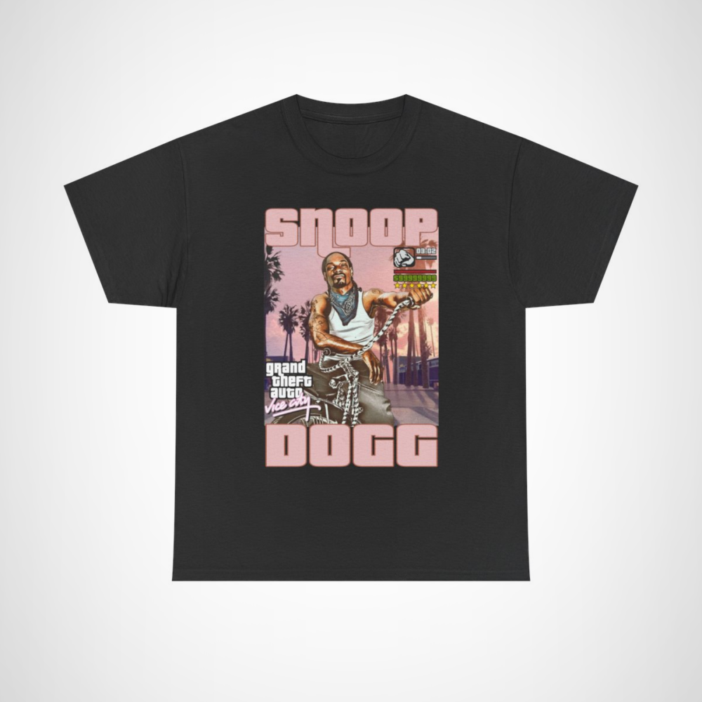 Snoop Dogg Retro GTA Vice City T-Shirt featuring Snoop biking through a vibrant cityscape Black colour