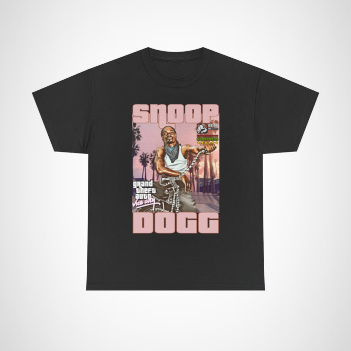 Snoop Dogg Retro GTA Vice City T-Shirt featuring Snoop biking through a vibrant cityscape Black colour