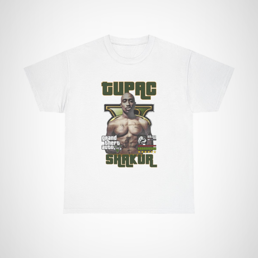 Tupac Shakur GTA V Inspired T-Shirt with vibrant graphic design White colour