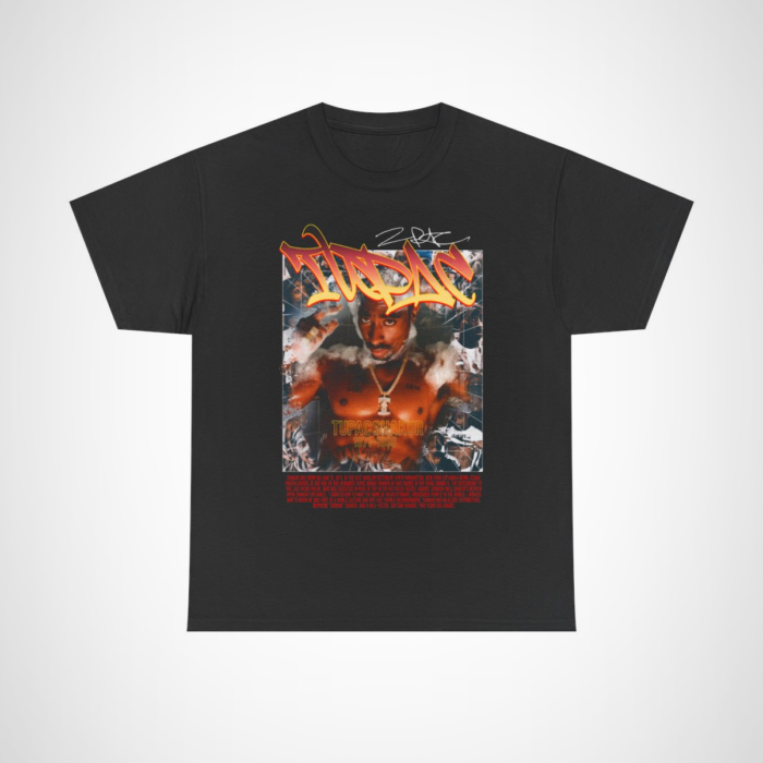 Tupac Shakur tribute t-shirt showcasing vibrant artwork and hip-hop culture Black colour