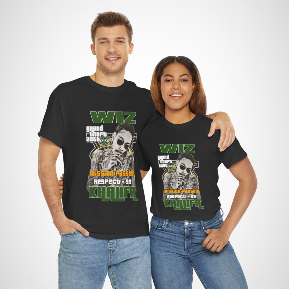 Wiz Khalifa GTA V 'Mission Passed' T-Shirt with vibrant gaming artwork