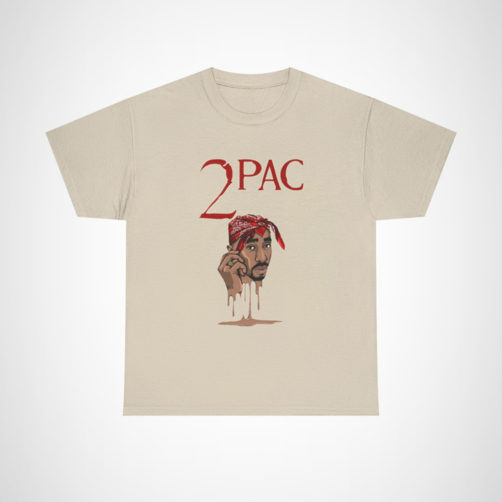 Vintage 2Pac Hip Hop Icon Graphic Tee with illustration of 2Pac wearing a bandana Sand colour