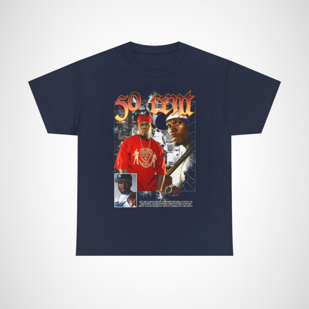 50 Cent graphic tee showcasing vibrant design and bold artwork Navy colour