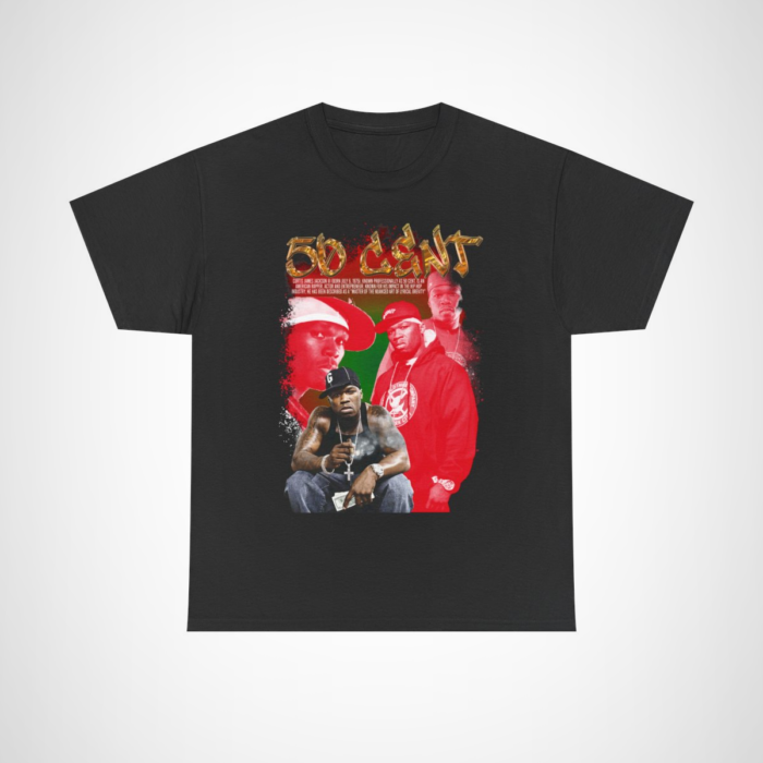 Bold graphic tee featuring 50 Cent, a tribute to hip hop culture and music legends Black colour