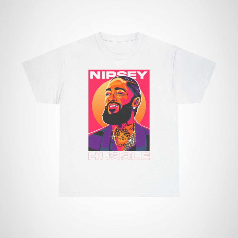 Artistic Nipsey Hussle tribute t-shirt featuring vibrant design White colour