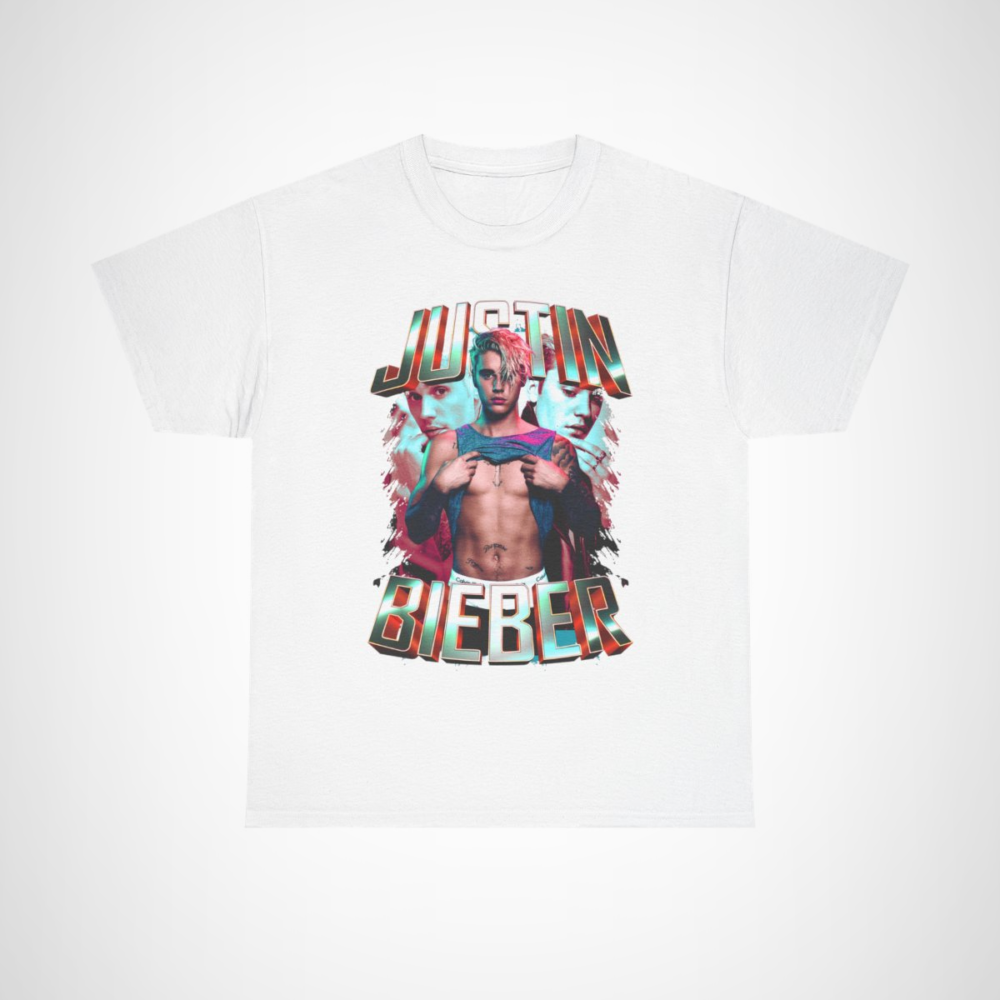 Justin Bieber Retro Graphic Tee showcasing vibrant design for music fans White colour