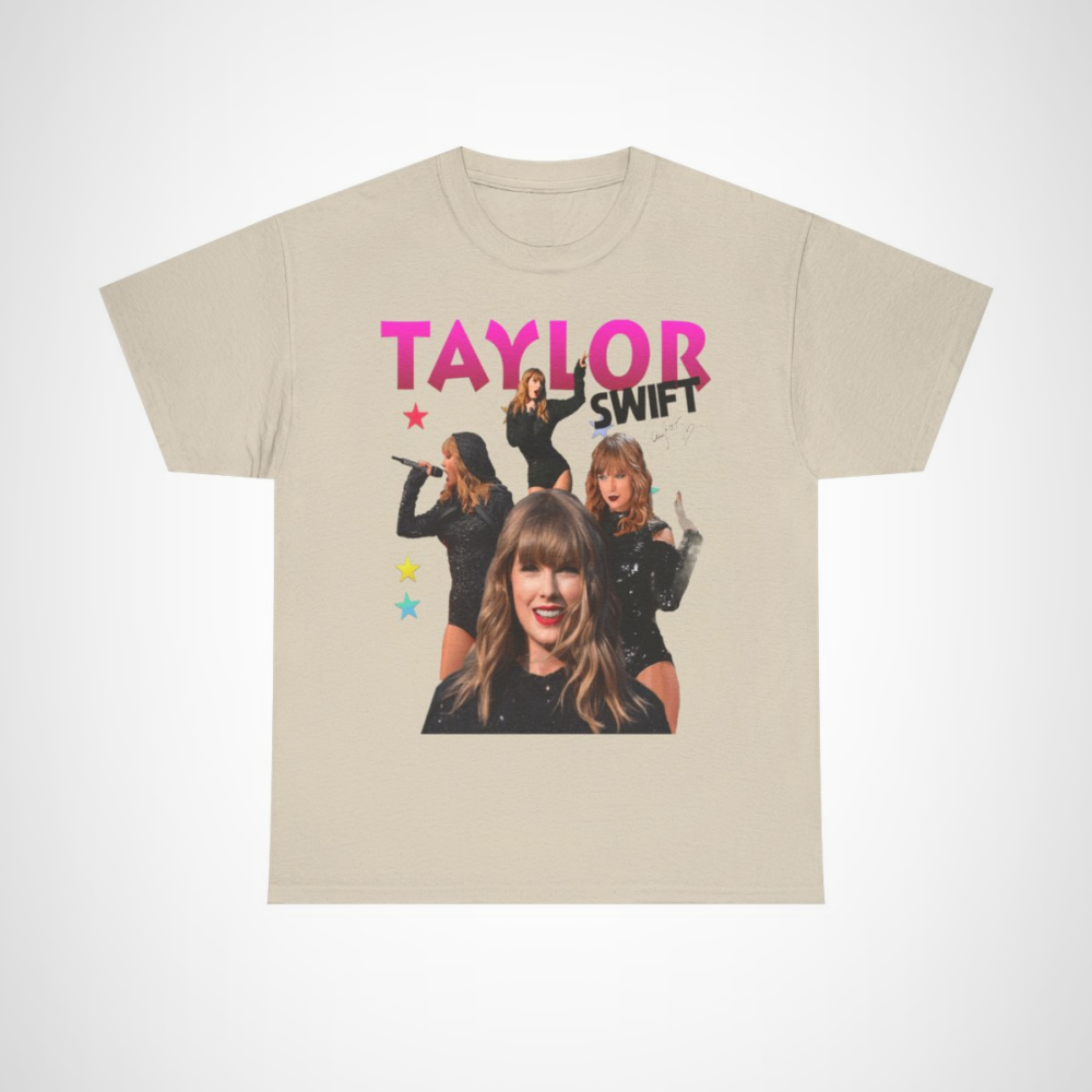 Taylor Swift concert tee featuring vibrant images of the artist in fashionable outfits Sand colour