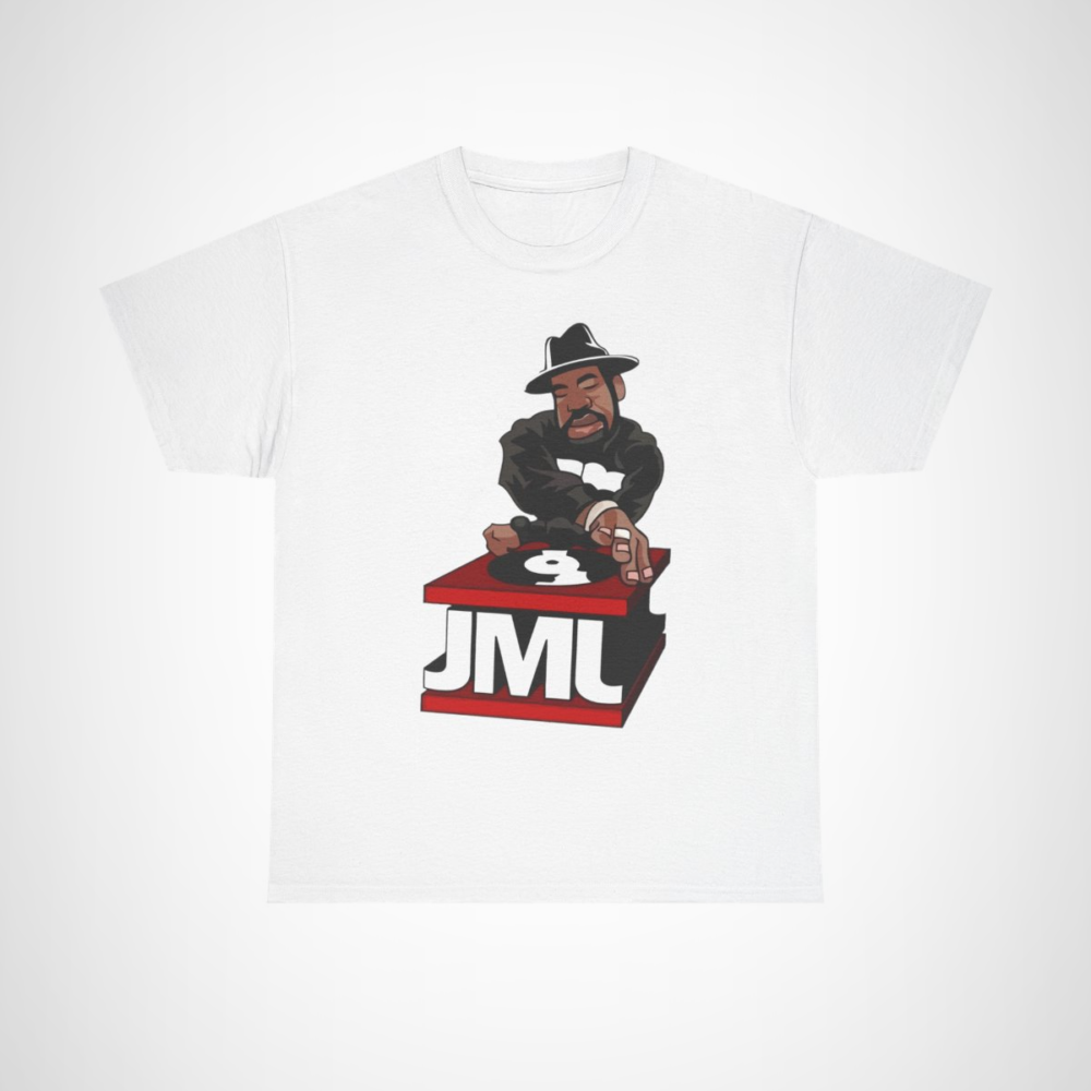 Retro DJ JML Vinyl Record Spinner T-Shirt design featuring a DJ spinning records White colour