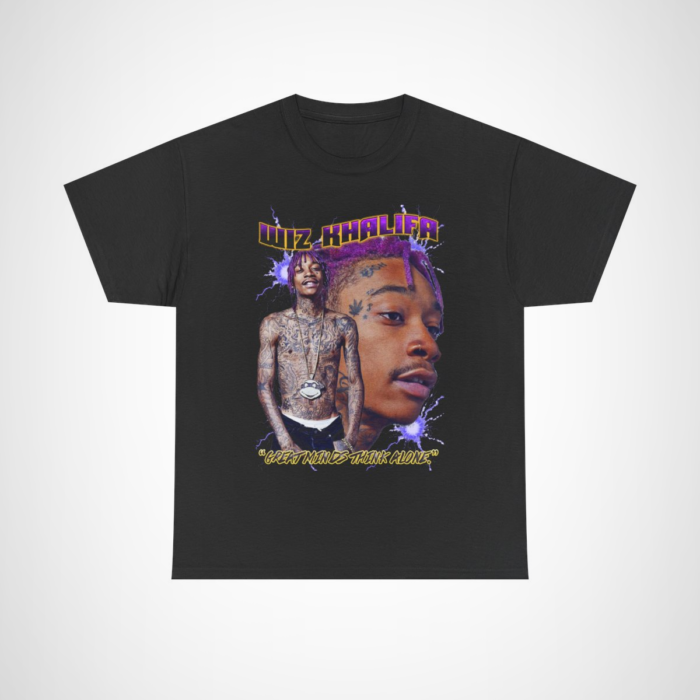 Wiz Khalifa Great Minds Think Alone T-Shirt design showcasing vibrant graphics and quote Black colour