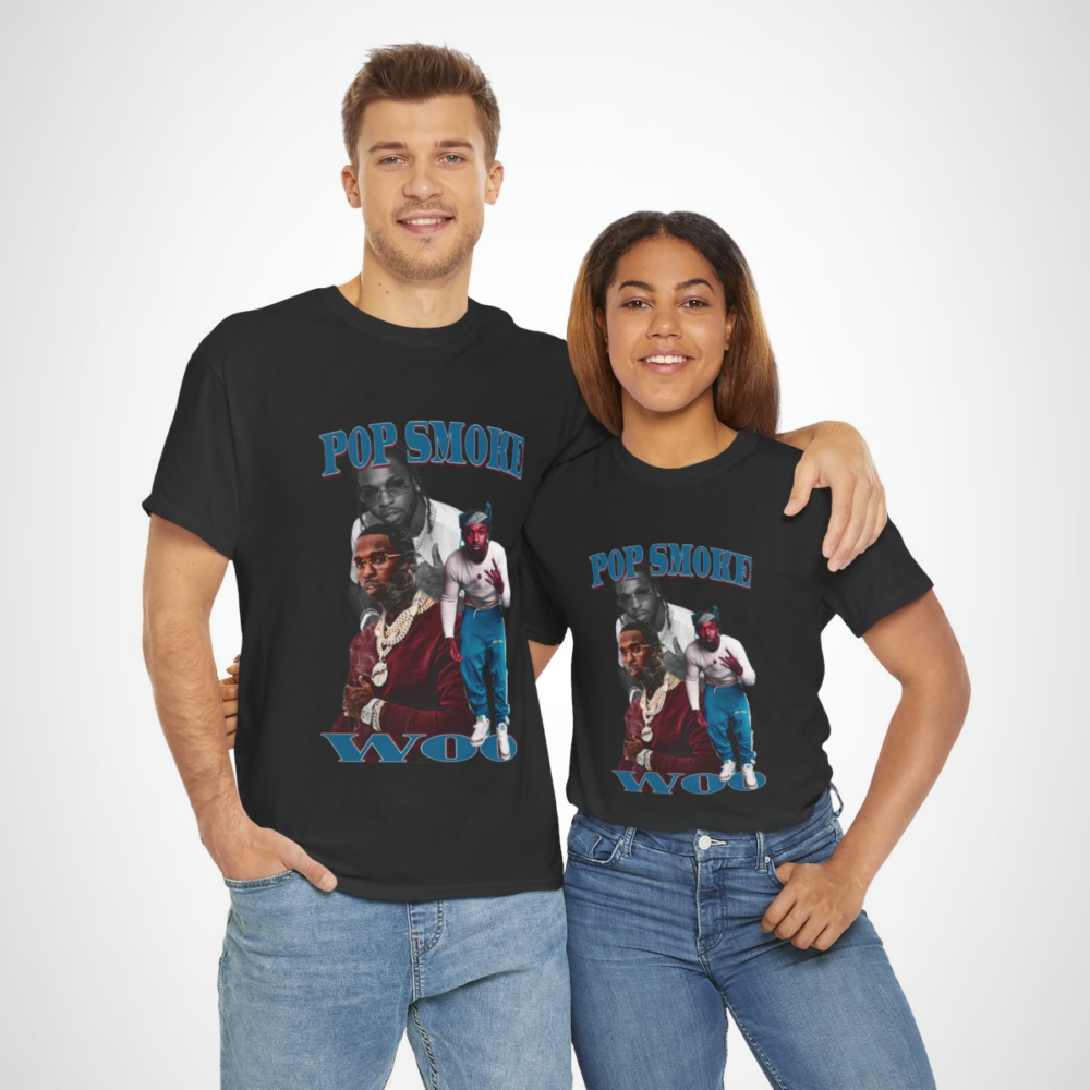 Pop Smoke Woo Tribute Tee showcasing bold graphics and urban style
