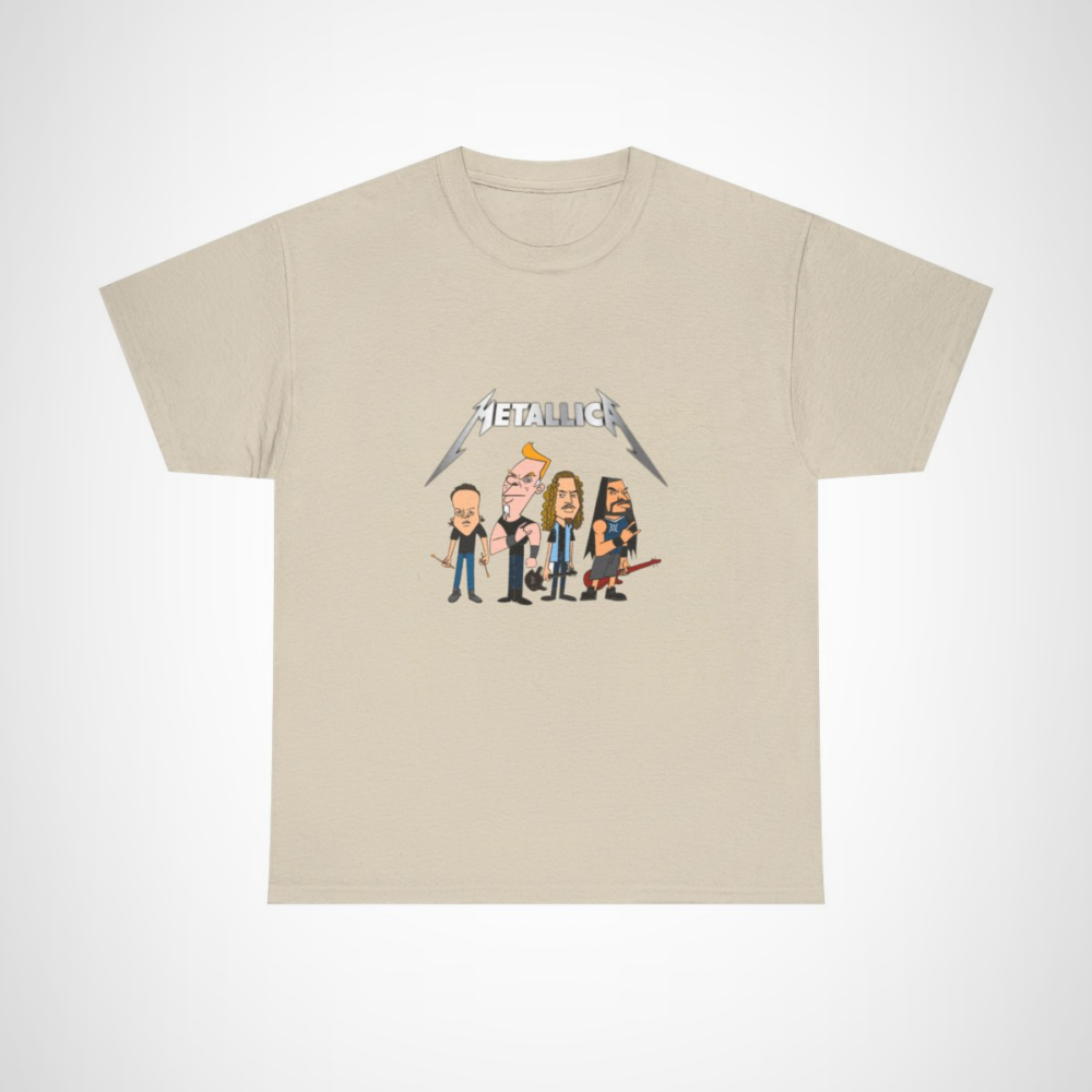 Metallica cartoon band t-shirt featuring vibrant design of the iconic rock band Sand colour