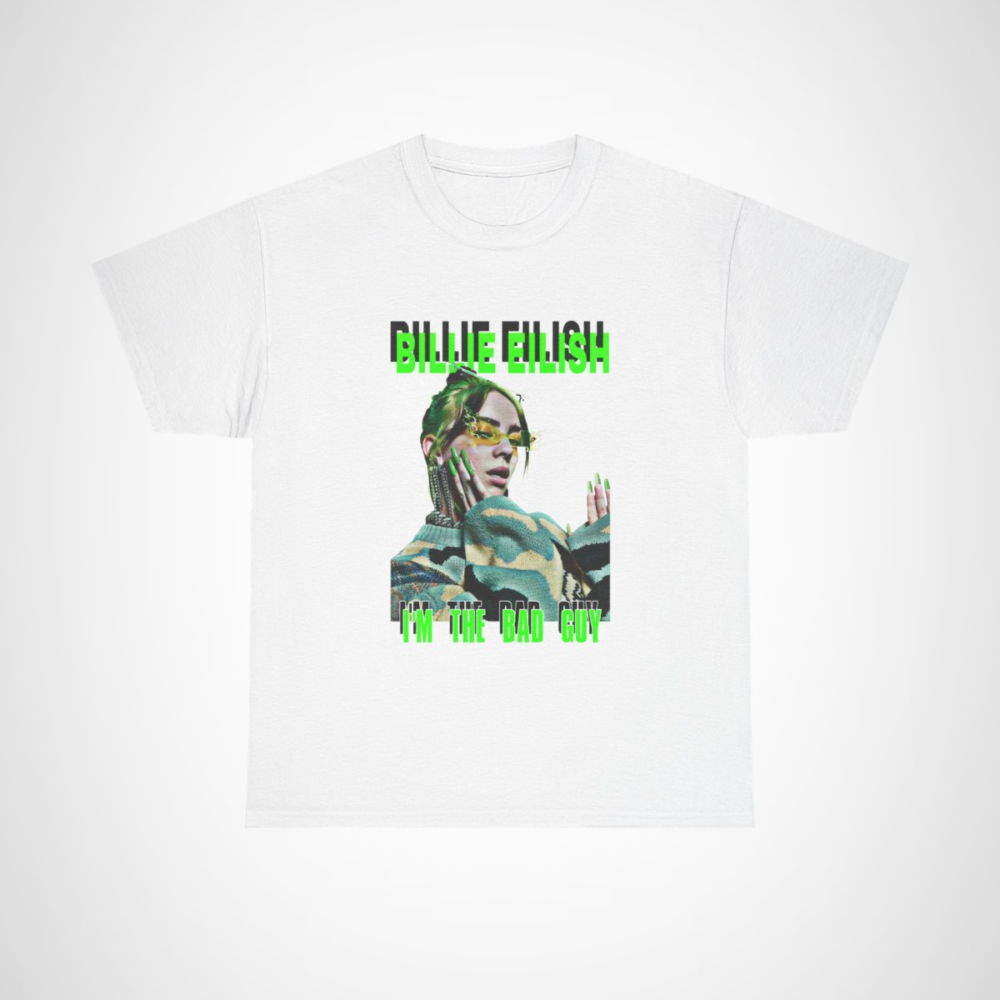 Billie Eilish I'm The Bad Guy graphic tee showing vibrant green lettering White colour