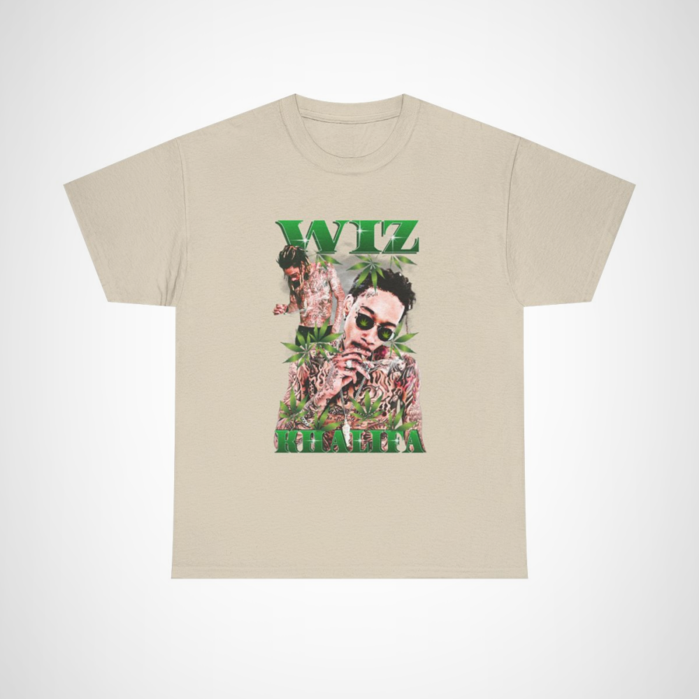 Wiz Khalifa Cannabis Vibes T-Shirt featuring bold design and iconic cannabis imagery Sand colour