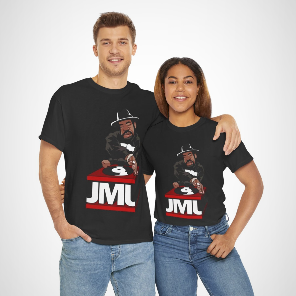 Retro DJ JML Vinyl Record Spinner T-Shirt design featuring a DJ spinning records