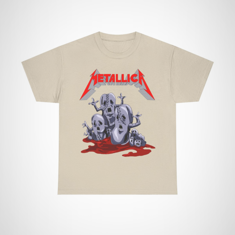 Metallica inspired graphic tee featuring spooky skulls design Sand colour