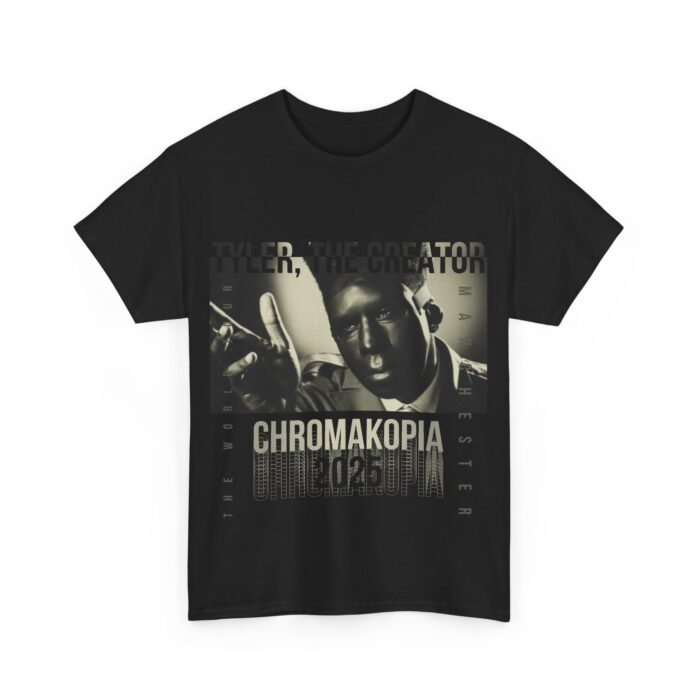 Black T-Shirt with a graphic of Tyler, The Creator Chromakopia World Tour manchester 2025