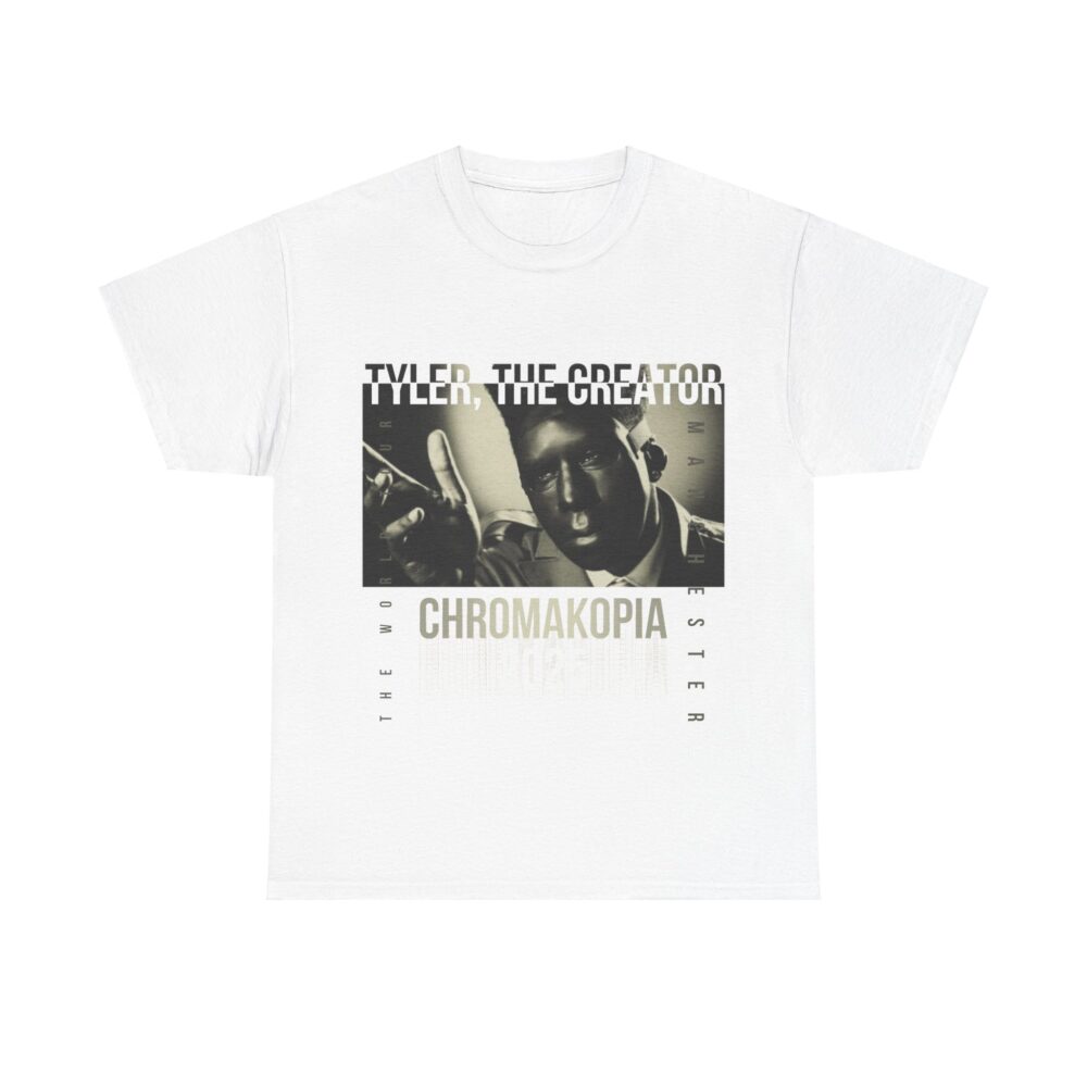 White T-Shirt with a graphic of Tyler, The Creator Chromakopia World Tour manchester 2025