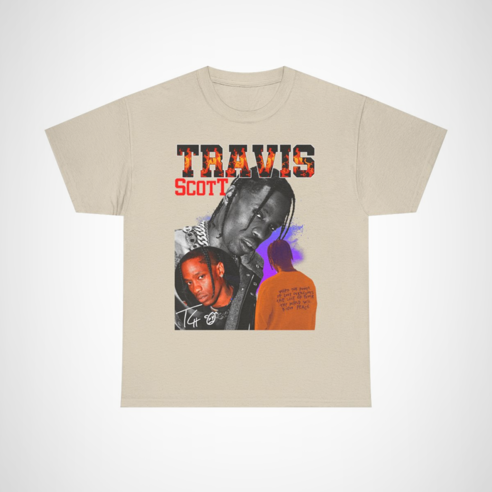 Travis Scott Fire Graphic Tee showcasing vibrant visuals and inspirational text Sand colour