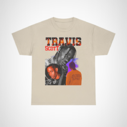 Travis Scott Fire Graphic Tee showcasing vibrant visuals and inspirational text Sand colour